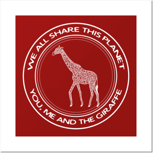 Giraffe - We All Share This Planet - red and white animal design Posters and Art